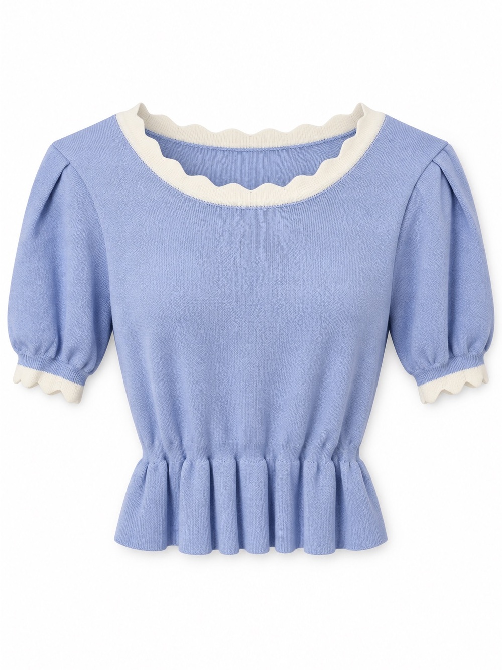 entro Light Blue Puff Sleeve Top with Cream Scallop Trim